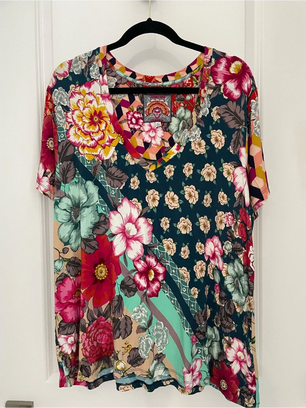 Johnny Was Bamboo Nellie Scarf Favorite Short Sleeve Top Size XXL Floral Artsy 3 - Picture 2 of 7